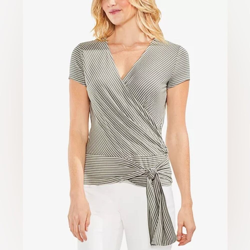Vince Camuto olive white pinstripe cap sleeve belted wrapped blouse shirt L  b62